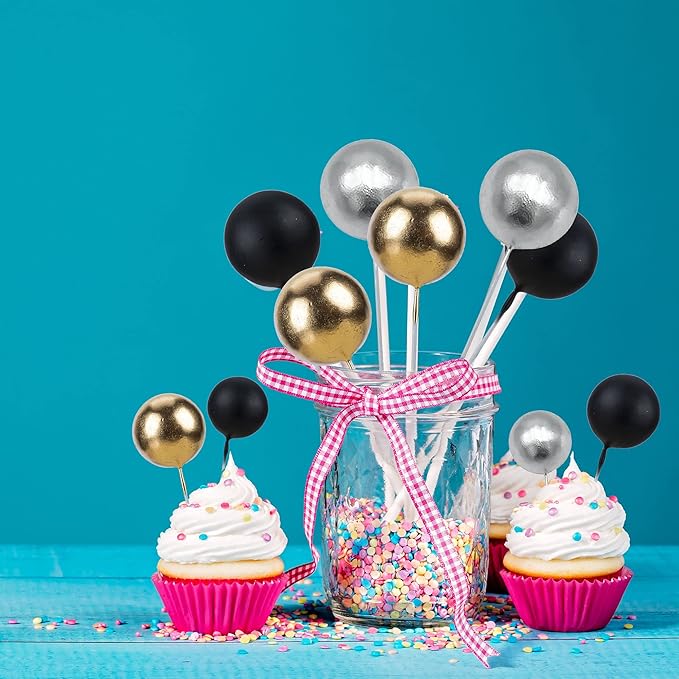 Gyufise 30Pcs Ball Cake Toppers Ball Cake Picks Ball Shaped Cupcake Insert Cake Topper for Bear Theme Birthday Party Favors Wedding Decoration Supplies Black Gold Silver