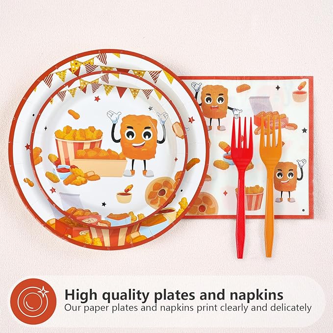 96Pcs Chicken Nugget Themed Party Decoration Chicken Nugget Plates and Napkins Fast Food Fried Chick Tableware Set for Baby Shower Boy Girl birthday Party Supplies, Serves 24