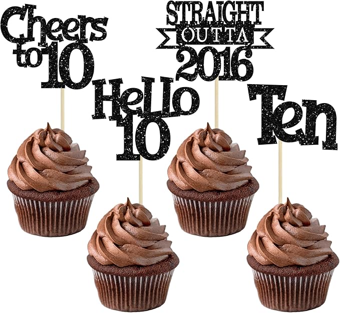Ephlyn 24Pcs Happy 10th Birthday Cupcake Toppers Glitter Straight Outta 2016 Cupcake Picks Cheers to 10 Years Cake Decorations for 10th Birthday Anniversary Party Decorations Supplies Black