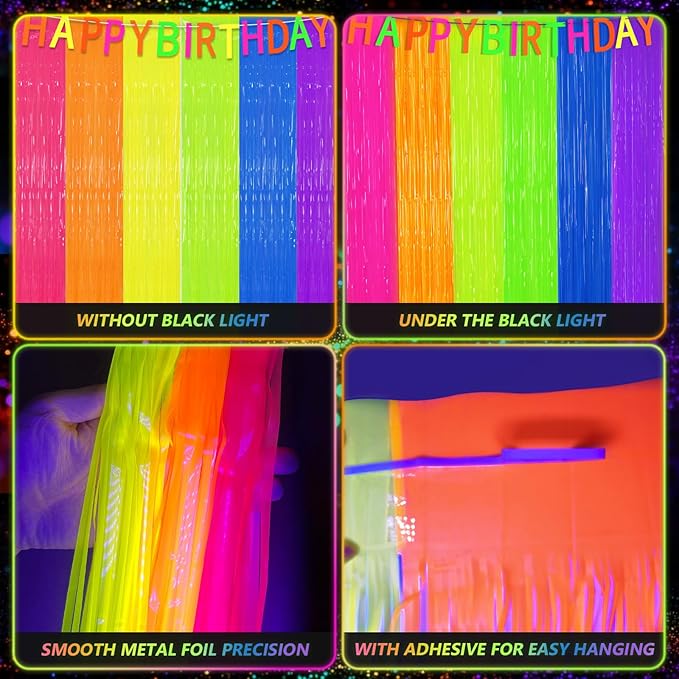 2 Pack Glow in The Dark Tinsel Curtains, Neon Party Decorations 3.3 x 6.6 Ft Blacklight Reactive Fluorescent Party Backdrop for Birthday， Wedding, Neon Party, Glow Party Decorations Supplies