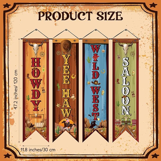 4 Western Party Decorations Cowboy Banners Wild West Hanging Decor Howdy Yes Haw Porch Sign Backdrops for Indoor Outdoor Cowboy Birthday Photo Props Wedding Party Supplies (Wild)