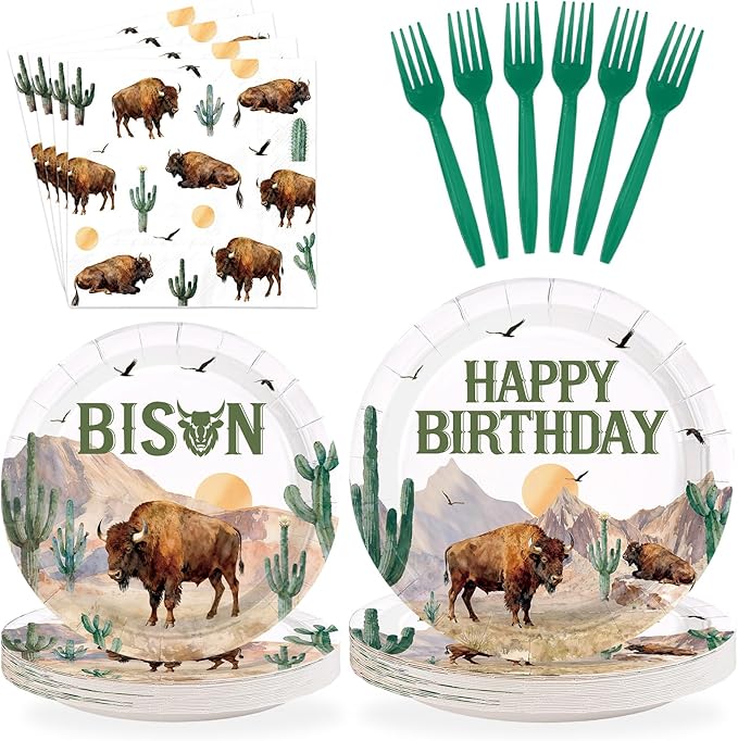 96Pcs Bison Happy Birthday Party Decorations Western Bison Birthday Plates and Napkins Sets Western Wild Highland Animals Cactus Decorations for Boys Girls Wild West Party Supplies Serves 24