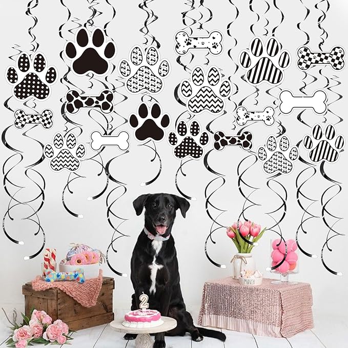 Dog BirthdayHanging Swirl Set Party Decorations, 48 Pcs, Dog Paw Bones Party Supplies Sign,White Black Grid
