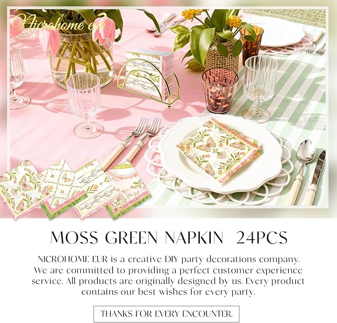 Vintage Floral Paper Napkins 10x10 Inch - 24 Count Tea Party Disposable Napkins, Pink Green Tulip Butterfly Design 3-Ply Cocktail Napkins for Wedding, Birthday, Easter, Garden Party