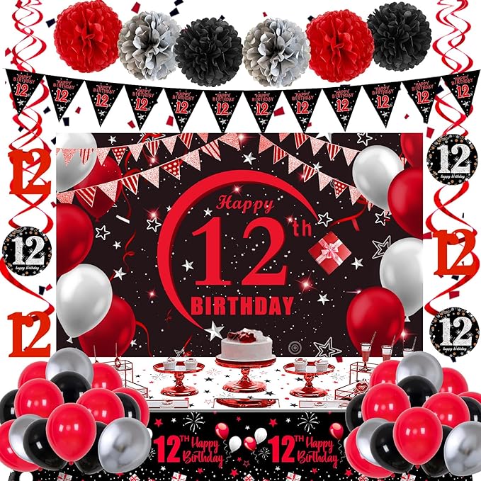 12th Birthday Decorations for Boys Girls, Red Black Happy 12th Birthday Decorations, 12 Birthday Backdrop Banner Tablecloth Triangle Flag Balloons, 12 Year Old Boy Girl Bday Party Supplies