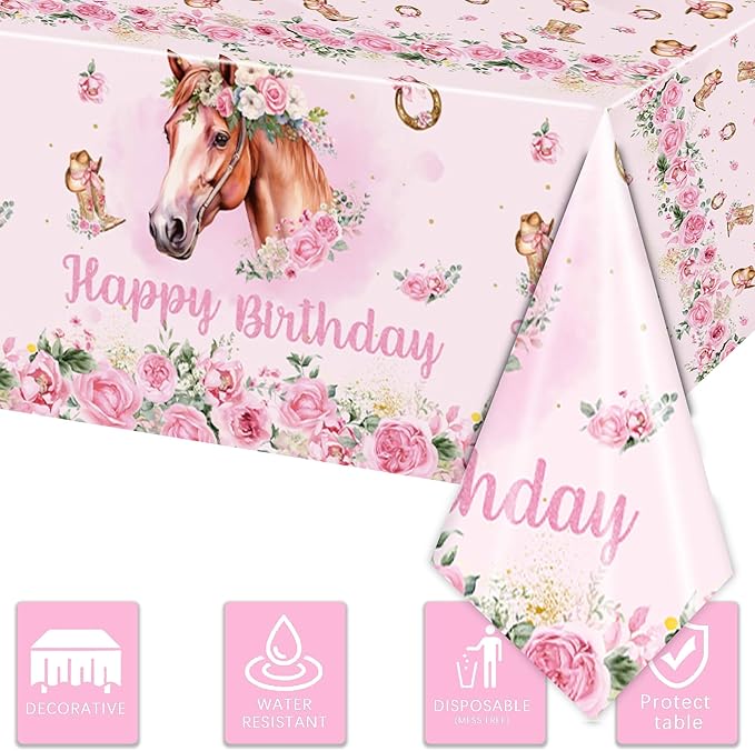 3PCS Cowgirl Horse Party Tablecloths for Girls Birthday Pink Western Horse Themed Saddle up Table Cover Party Decorations Disposable Plastic Table Cloth