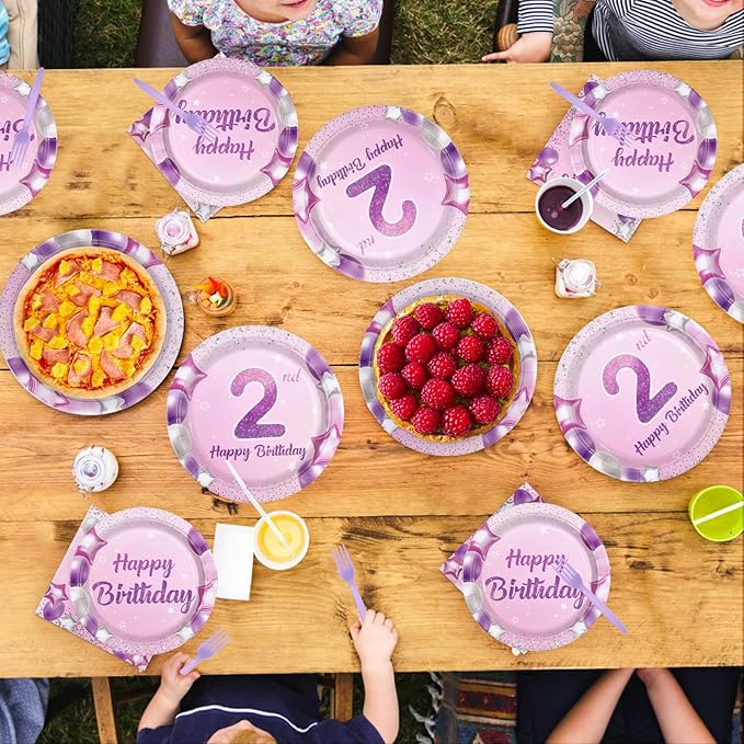 96Pcs Pink Purple 2nd Birthday Party Decorations Pastel 2nd Birthday Plates and Napkins Tableware Sets Pink Star Decorations Favors for Girls Baby Two Year Old Party Supplies Serves 24