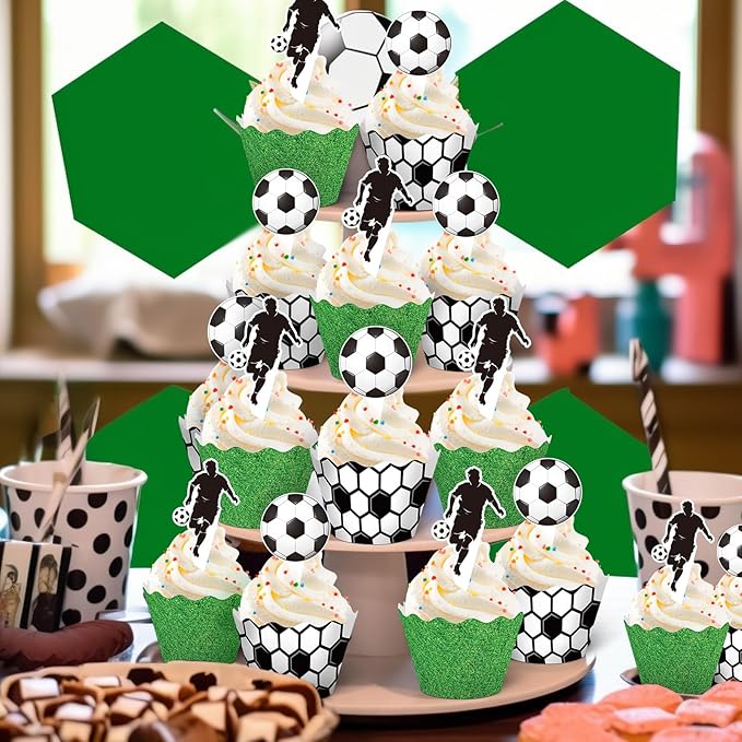 Nuenen 96 Pcs Soccer Cupcake Toppers and Wrappers Soccer Ball Birthday Party Cupcake Decorations Football Themed Cake Picks for Sports Theme Birthday Gathering Party Decoration Supplies (Game Day)