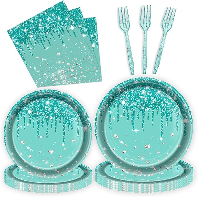96 Pcs Blue Green Silver Birthday Party Plates Napkins Forks Supplies Tableware Set Disposable Paper Glitter Theme Decoration for Kids, Serves 24 Guests