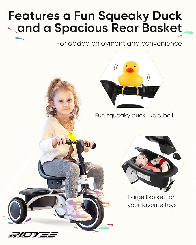 Toddler Tricycle for 18 Months to 5 Years, Foldable Tricycles for 1.5-5 Year Olds, Kids Tricycle with Adjustable Carry-Friendly Ergonomic Seat and Covered Large Basket, White