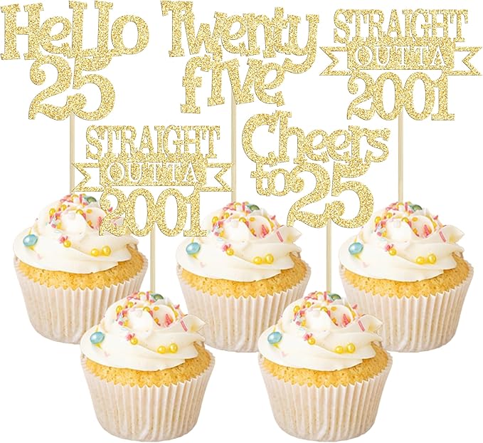 Ephlyn 24Pcs 25th Birthday Cupcake Toppers Glitter Straight Outta 2001 Cupcake Picks Hello 25 Cheers to 25 Years Cake Decorations for 25th Birthday Anniversary Party Decorations Supplies Gold