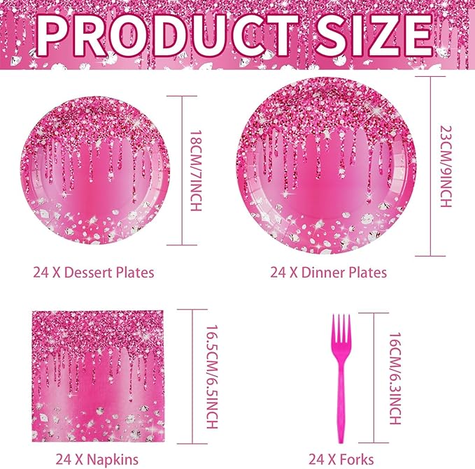 Grencian 96Pcs Hot Pink Silver Birthday Party Supplies Hot Pink Plates Disposable Disco Holographic Tableware Set for Girls Women Silver Glitter Wedding Bridal Shower Birthday Party Decor, Serves 24
