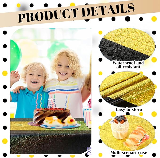 Oudain 2 Pcs Black & Gold Holographic Party Tablecloth 54 x 108 Inch Party Decoration Plastic Rectangle Table Cloth Waterproof Table Cover for Wedding Birthday Anniversary Graduation Supplies