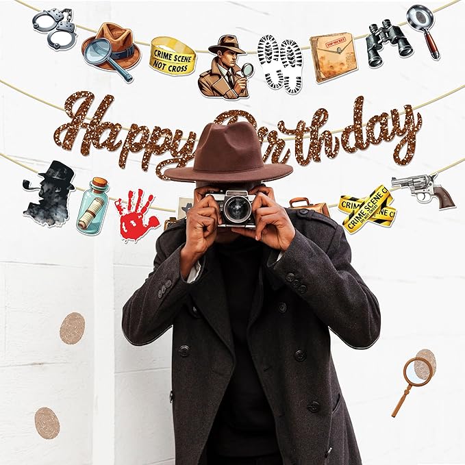 CC HOME 3Pcs Detective Happy Birthday Banner Magnifying Glass Camera Party Hanging Banner Detective Theme Birthday Bridal Wedding Baby Shower Boys Girls Kids Home Classroom Party Supplies Decorations