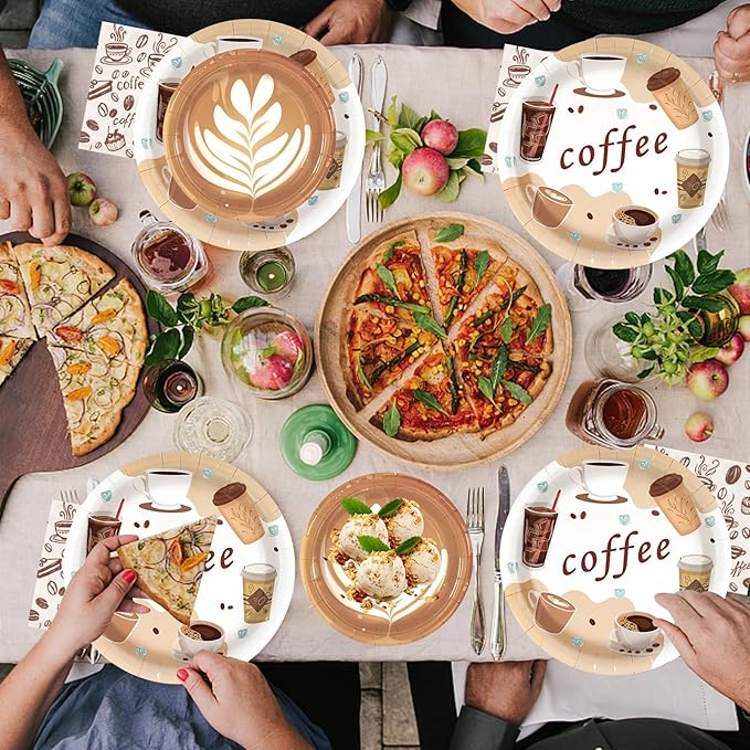 180Pcs Coffee Party Supplies Serves 60,Fun Coffee Cup Theme Paper Plates and Napkins Set for Baby Shower Birthday Party Decorations