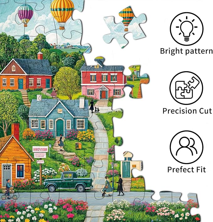 Jigsaw Puzzles for Adults 1000 Pieces, Interlock Perfectly Letter on Back No Dust, Home Decor Birthday Party Gift Toy for Men Women Elders Seniors, 1:1 Poster-Happy Town