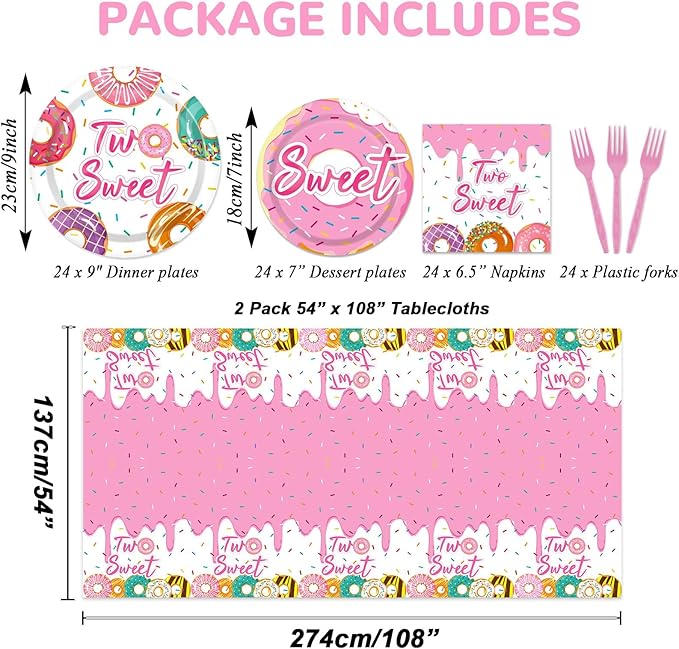 ZOIIWA 98 Pieces Two Sweet Donut Birthday Party Supplies for 24 Guests Girls Donut Tableware Set Baby Girl 2nd Birthday Paper Plates Napkins Tablecloth Decorations Table Cover Dinnerware Party Favors
