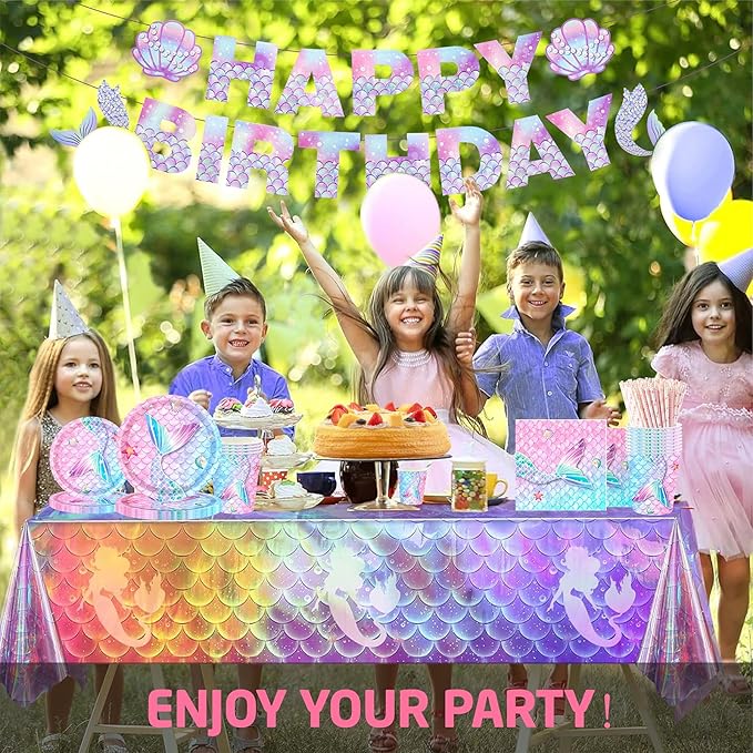 146Pcs Mermaid Plates and Napkins mermaid Party Supplies Includes Plates, Napkin, Fork, Cup, Straw, Tablecloth, Banner for Baby Shower Ocean Birthday Party Decorations, Serves 24 (Mermaid)