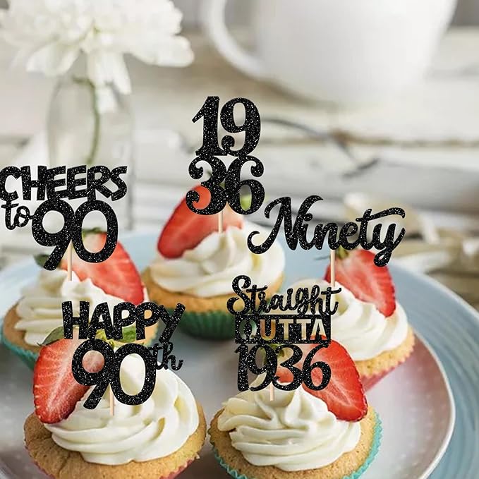 30PCS Black 90th Birthday Cupcake Toppers Glitter Nighty 90 Fabulous Happy 90 Straight Outta 1936 Cupcake Picks for 90th Birthday Anniversary Party Cake Decorations Supplies
