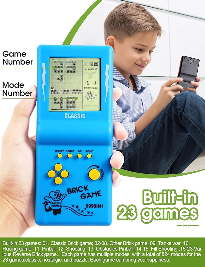 3.5-inch Large Screen Retro Brick Game Console for The 80s/90s Building Block Racing/Tank Game Built-in 23 Classic Games Nostalgic Puzzle Children's Console (Blue)