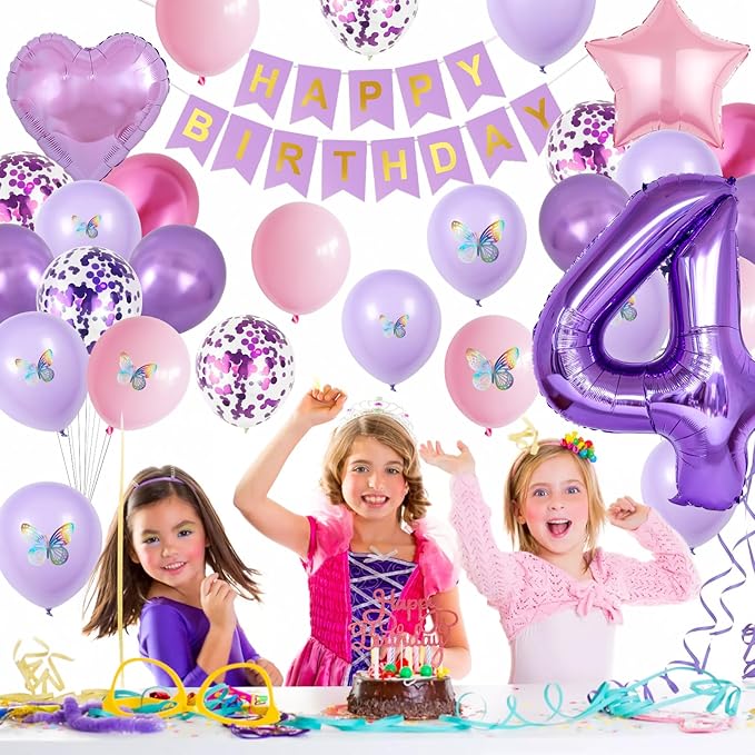 4th Pink Purple Birthday Decorations,Pink Purple 4th Birthday Balloons for Girls Lavender Party Decor Banner Number 4 Balloons Cake Topper Butterfly Party Decorations for 4 Year Old Girls