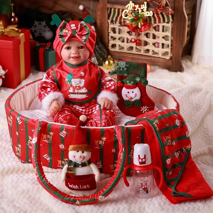 BABESIDE Reborn Baby Doll Clothes Set with Bassinet – 9 Pcs Christmas Reborn Baby Doll Accessories & Clothes with Bottle and Socks for 17-22 Inch Realistic Dolls for Girls