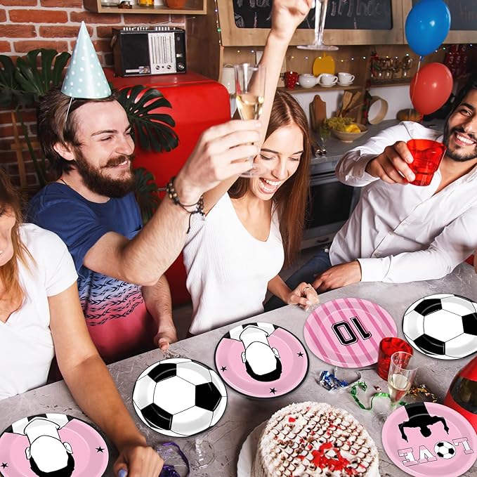 48Pcs Soccer Paper Plates Soccer Star Disposable Dessert Plates Supplies 7Inch Black and Pink Sports Ball Plate Sport Party Dinnerware Decorations for Birthday Baby Shower Party Decorations
