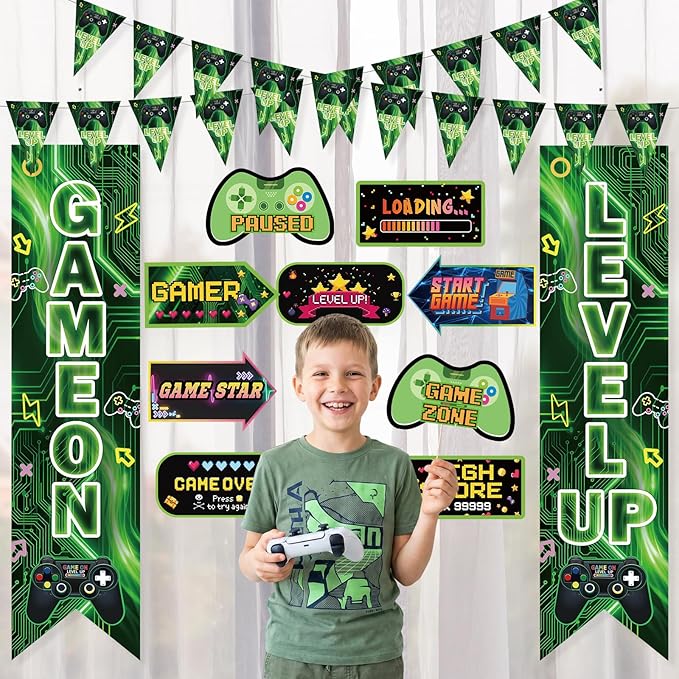 Video Game Birthday Party Decorations Level Up Triangle Flag Banner Photo Booth Props Gamer Birthday Party Supplies with Game Controller High Score Loading Paused Porch Yard Signs for Boys Kids Gaming Theme Party