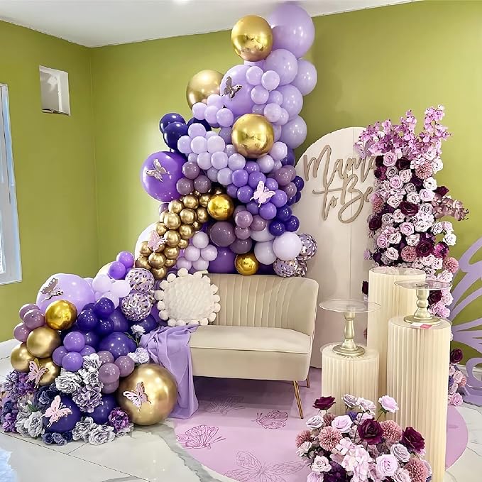 Purple Balloon Garland Kit With Butterfly Dark And Gold Arch Lavender Light Decoration For Baby Girl Princess Party Birthday