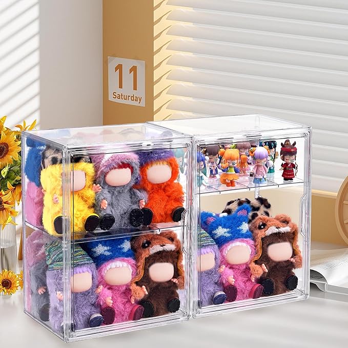 2 Pack Acrylic Display Case Compatible with Labubu POP MART, Clear Hobby Figure Display Case with Magnetic Door Stackable Storage Box Shelf Showcase for Funko Pop MART Labubu Doll Collectibles, Large
