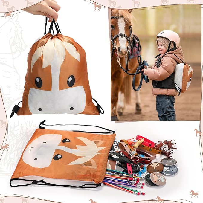 Liliful 114 Pcs Horse Themed Party Favor Supplies with Drawstring Bag Keychain Rubber Wristbands Badges Puzzle Stickers Notepads Soft Pencils Simulated for Horses Party Decoration