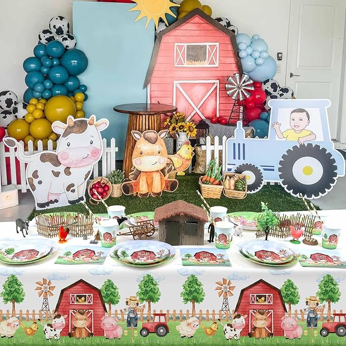 3 Pieces Farm Animal Birthday Party Supplies Tablecloth, Large Size 54 x 108 Inch Rectangular Plastic Table Cover, Barnyard Birthday Party Supplies Decorations for Baby Shower Boys Girls