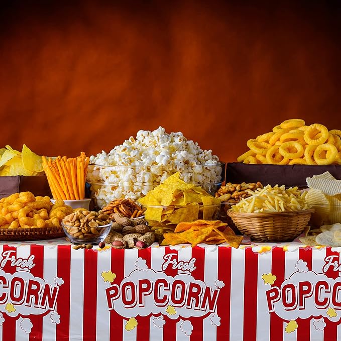 Breling 3 Pieces Popcorn Tablecloth 54 x 108 Inch Plastic Popcorn Table Cover Party Decorations Carnival Circus Movie Night Supplies Carnival Birthday Party Supplies Tablecovers