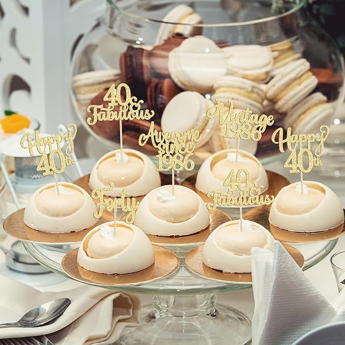 30Pcs Vintage 1986 Cupcake Toppers Glitter Forty Happy 40th Birthday 40 Fabulous Cupcake Picks Cheers to 40 Years for 40th Birthday Wedding Anniversary Party Cake Decorations Supplies Gold