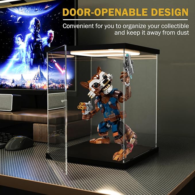 Nynelly Acrylic Display Case for Collectibles, Clear Lighted Display Box for Lego R2D2 75379 , 75304 75349 Star Wars Helmet, Trophy Display Case Assemble Dustproof Figures Showcase, 7.9x7.9x9.8in