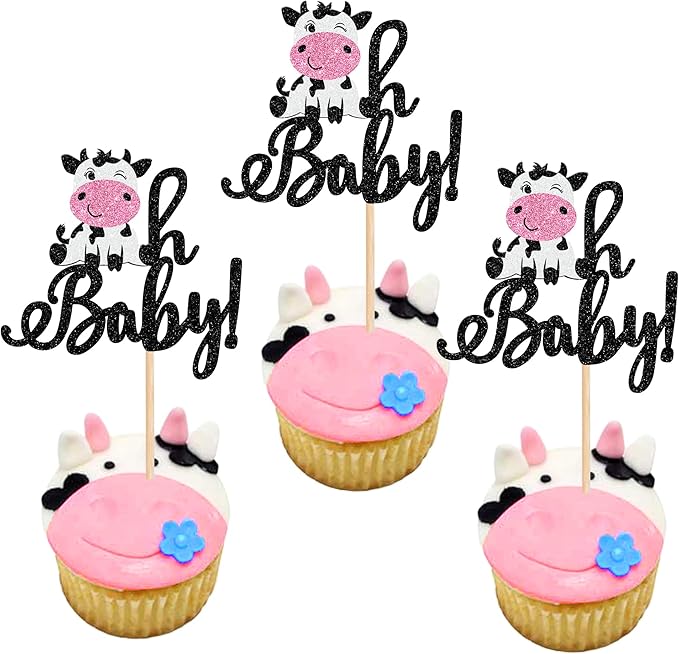 24 PCS Cow Oh Baby Cupcake Toppers Glitter Farm Animals Oh Baby Cow Cupcake Picks Gender Reveal Theme Baby Shower Kids Boys Girls Birthday Party Cake Decorations Supplies