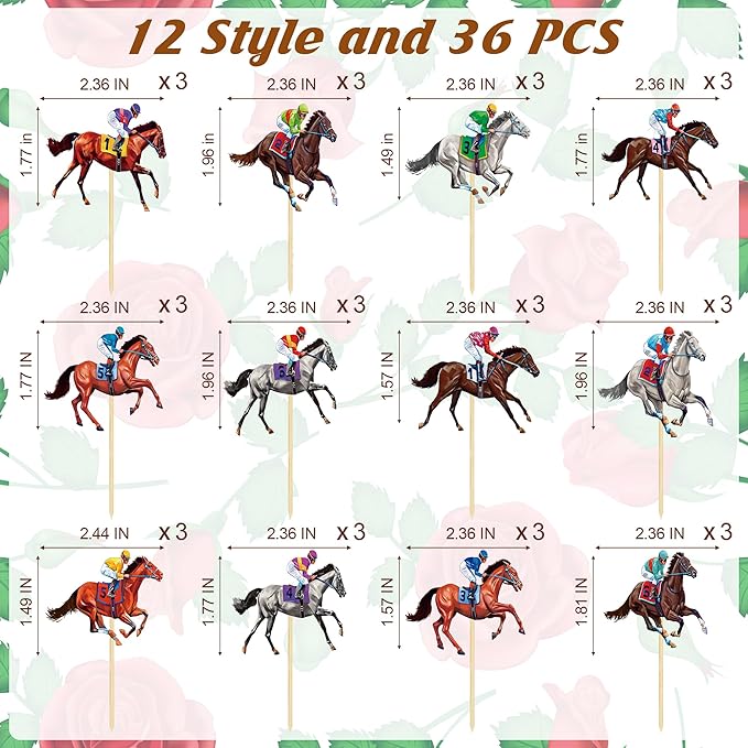 36 PCS Derby Cupcake Toppers, 12 Style Derby Party Decorations, Race Horse Cupcake Toppers Run for the Rose Toothpicks, Run for the Roses Theme Horse Decorations Horse Party Supplies