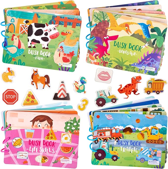 4 Pack DIY Montessori Busy Book for Toddlers, Montessori Quiet Book for Kids, Vehicle Life Skill Farm Dinosaur Preschool Learning Activities Learning & Education Toys