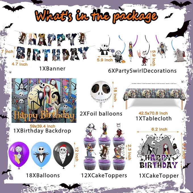 Birthday Decorations, Nightmare Christmas Party Supplies Halloween Birthday Party Decorations Set Includes Banner Balloons Tablecloth Backdrop Hanging Swirls Cake Toppers