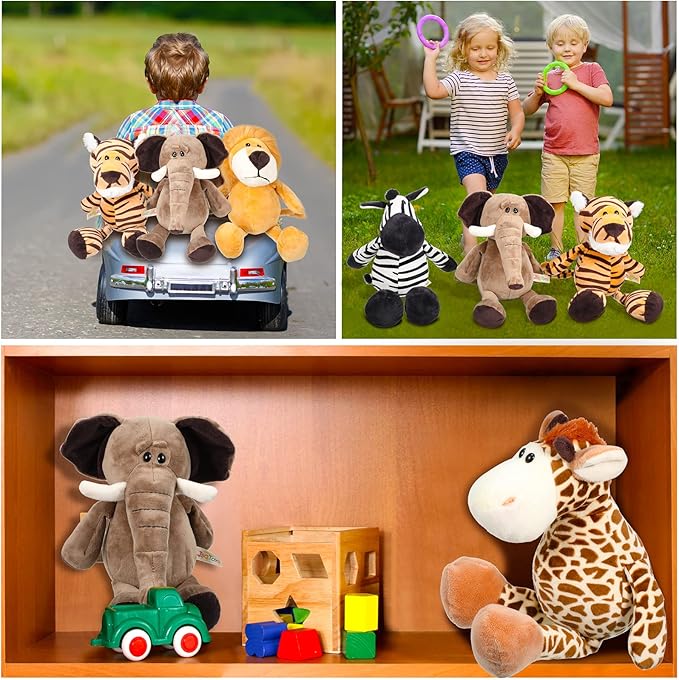 Zhanmai 6 Pieces Safari Stuffed Animals Plush Jungle Animal Toys Set for Boys Girls, Lion Elephant Zebra Giraffe Tiger Monkey for Animal Themed Parties Student Award