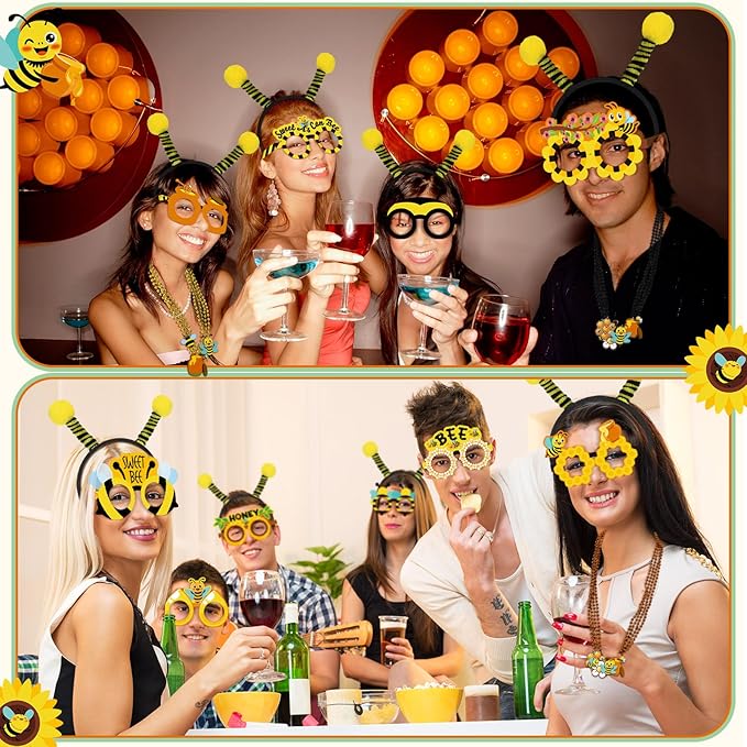 Kingdder 36 Pcs Bee Party Supplies 12 Bee Honeycomb Sunflower Beaded Necklaces 12 Headbands 12 Touchdown Paper Glasses Prop Accessories for Spring Birthday Party Photo Booth Props Summer Decorations