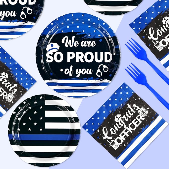 96Pcs Police Party Supplies We Are So Proud of You Police Theme Plates and Napkins Sets Congrats Officer Decorations for Cop Greeting Academy Graduation Retirement Promotion Party Serves 24