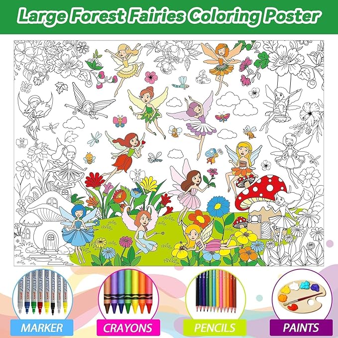 Fairy Garden Coloring Poster for Kids Giant Spring Coloring Poster Large Fairy Party Flower Coloring Tablecloth Jumbo Coloring Books for Kids Classroom Home Birthday Party Supplies Favor