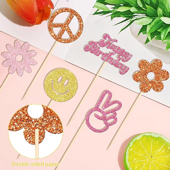 12 PCS Hippie Party Centerpiece Sticks 60s Retro Boho Dasiy Flower Sun Peace Sign Hand Table Flower Centerpieces Sticks for Hippie Theme Happy Birthday Party Centerpiece Decorations Supplies