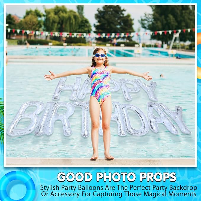 Shappy 20'' Happy Birthday Pool Large Floating Letter Balloons with Adhesive Dots Inflatable Pool Decorations for Summer Birthday Party