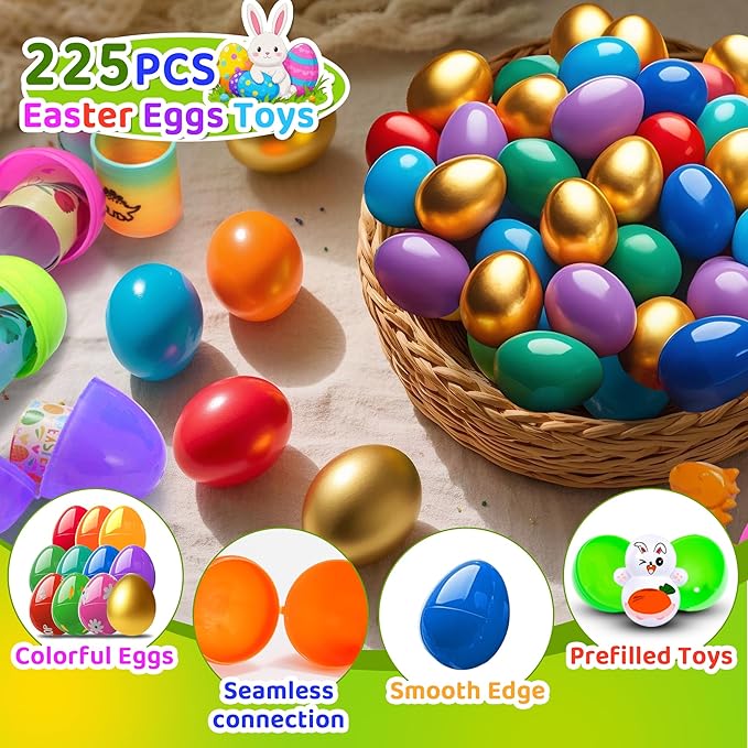 225Pack Prefilled Easter Eggs with Toys Inside for Easter Egg Hunting Basket Stuffers, Surprise Plastic Eggs Filled with Bulk Toys, Easter Party Supplies Gifts Classroom Prize for Kids