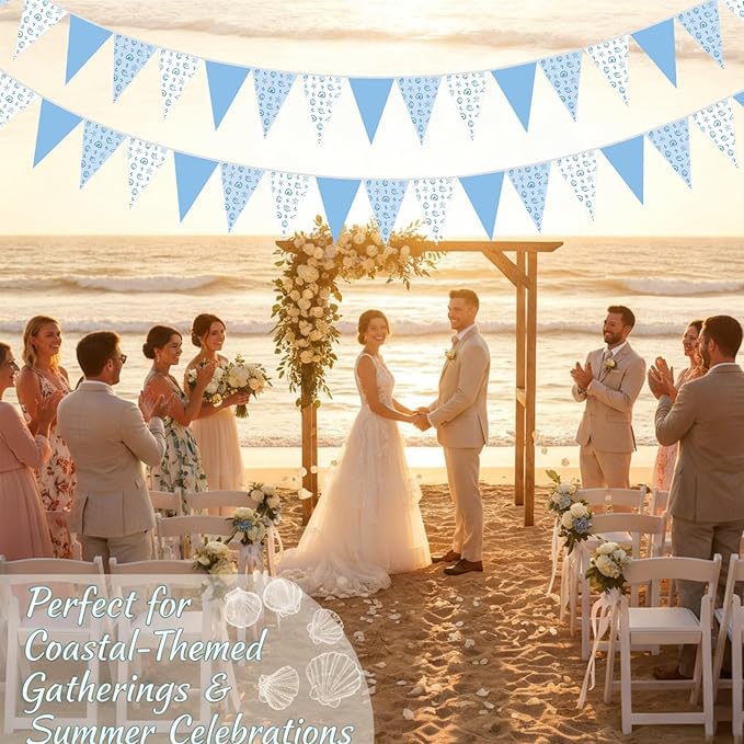 Jetec 5 Pcs 49 Ft Coastal Paper Pennant Banner Garland Nautical Blue and White Bunting Flags Coastal Bachelorette Decorations for Beach Wedding, Baby Shower, Summer Birthday, Indoor Outdoor Decor
