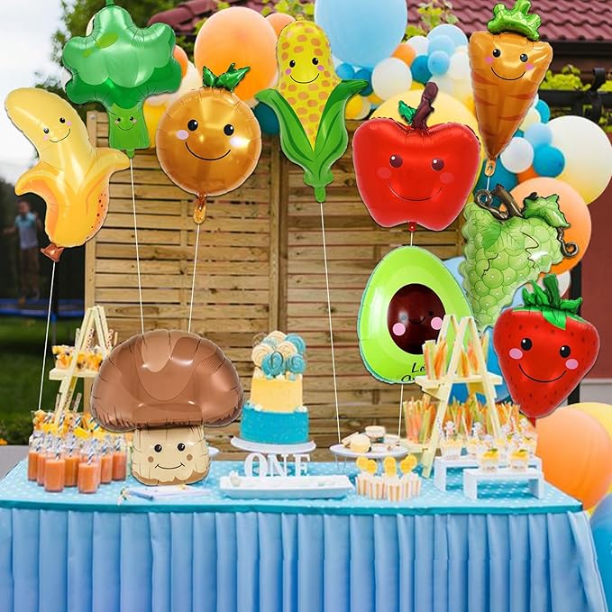 10 Pcs Fruit Balloons and Vegetable Balloons - Large Apple Orange Strawberry Grape Mushroom Banana Avocado Corn Carrot Broccoli Mylar Foil Balloons, Fruit Theme Birthday Party Decorations Supplies