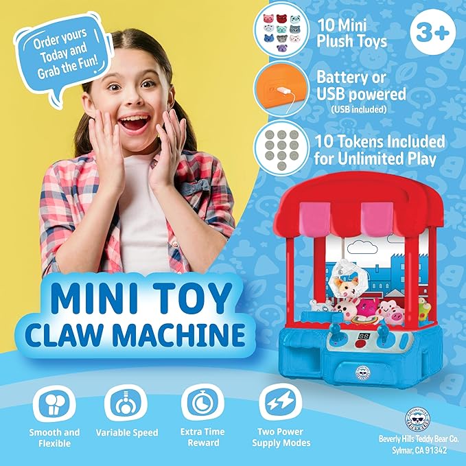 Mini Claw Machine Toy for Kids – Arcade Grabber Game with Joystick, Plush Prizes & Tokens – Portable Prize Machine for Boys & Girls – Fun Family Game & Gift