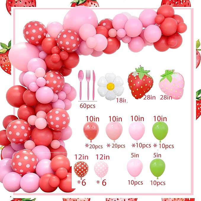 Strawberry 4th Birthday Decorations, 4th Birthday Party Decorations,Four Ever Sweet Party Supplies for include Tableware Set Plates and Napkins Balloon Backdrop Tablecloth Serve 20